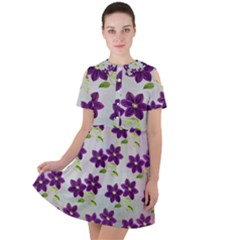 Purple Flower Short Sleeve Shoulder Cut Out Dress 