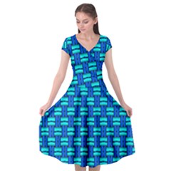 Pattern Graphic Background Image Blue Cap Sleeve Wrap Front Dress