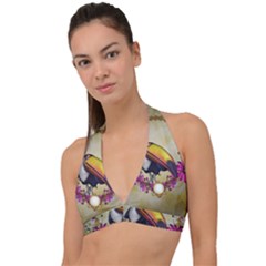 Cute Funny Coutan With Flowers Halter Plunge Bikini Top