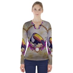 Cute Funny Coutan With Flowers V-neck Long Sleeve Top by FantasyWorld7