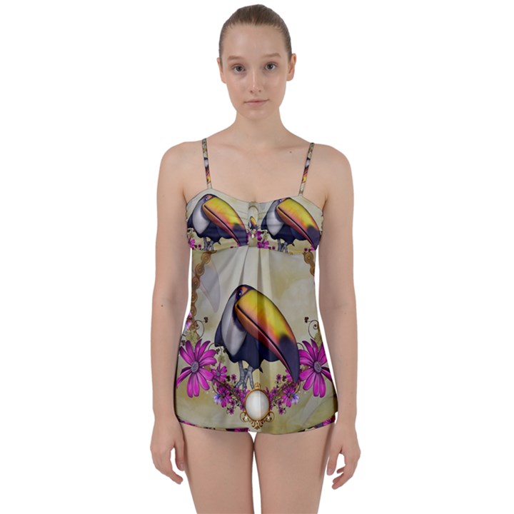 Cute Funny Coutan With Flowers Babydoll Tankini Set