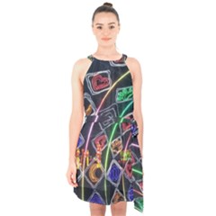 Dragon Lights Halter Collar Waist Tie Chiffon Dress