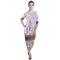 Painting Paint Landscape Nature Quarter Sleeve Midi Velour Bodycon Dress by Pakrebo