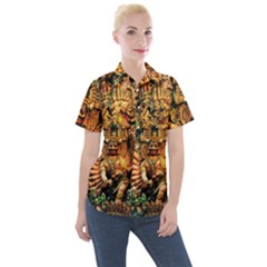 Sculpture Art Temple Tower Women s Short Sleeve Pocket Shirt