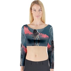 Astronaut Moon Space Planet Long Sleeve Crop Top by Pakrebo