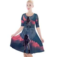 Astronaut Moon Space Planet Quarter Sleeve A-line Dress by Pakrebo