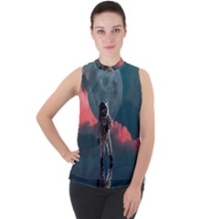 Astronaut Moon Space Planet Mock Neck Chiffon Sleeveless Top by Pakrebo