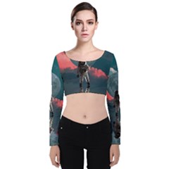 Astronaut Moon Space Planet Velvet Long Sleeve Crop Top by Pakrebo