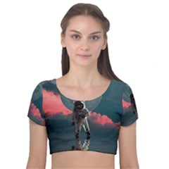 Astronaut Moon Space Planet Velvet Short Sleeve Crop Top  by Pakrebo