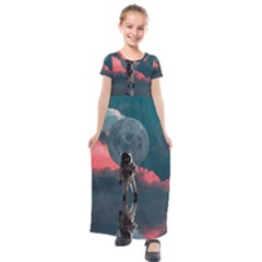 Astronaut Moon Space Planet Kids  Short Sleeve Maxi Dress