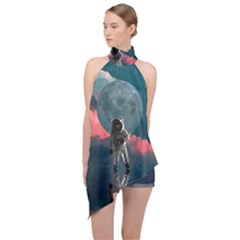 Astronaut Moon Space Planet Halter Asymmetric Satin Top by Pakrebo