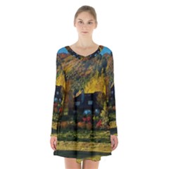 Outdoor Landscape Scenic View Long Sleeve Velvet V-neck Dress by Pakrebo