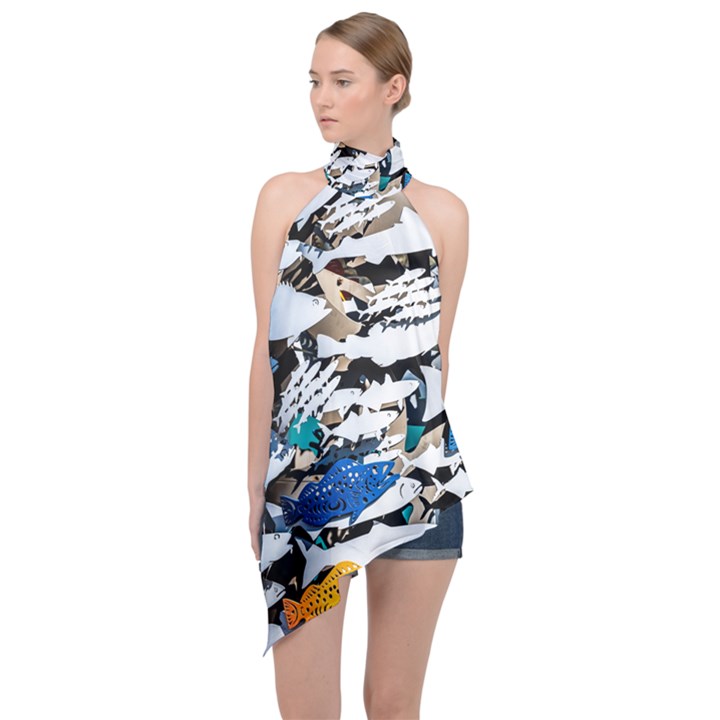 Art Fish Salmon Sydney Metal Halter Asymmetric Satin Top