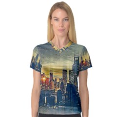 City Metro Pole Buildings V-neck Sport Mesh Tee