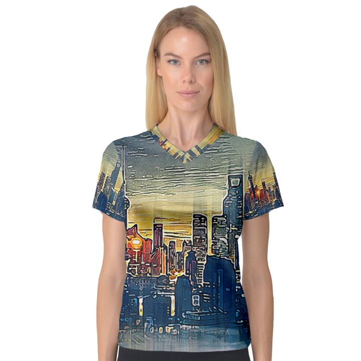 City Metro Pole Buildings V-Neck Sport Mesh Tee