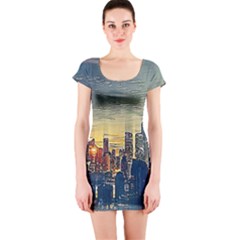 City Metro Pole Buildings Short Sleeve Bodycon Dress by Pakrebo