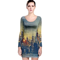 City Metro Pole Buildings Long Sleeve Velvet Bodycon Dress by Pakrebo