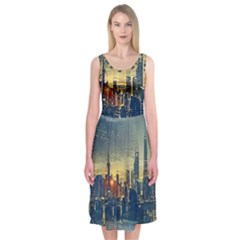 City Metro Pole Buildings Midi Sleeveless Dress by Pakrebo