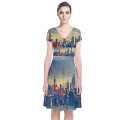 City Metro Pole Buildings Short Sleeve Front Wrap Dress by Pakrebo