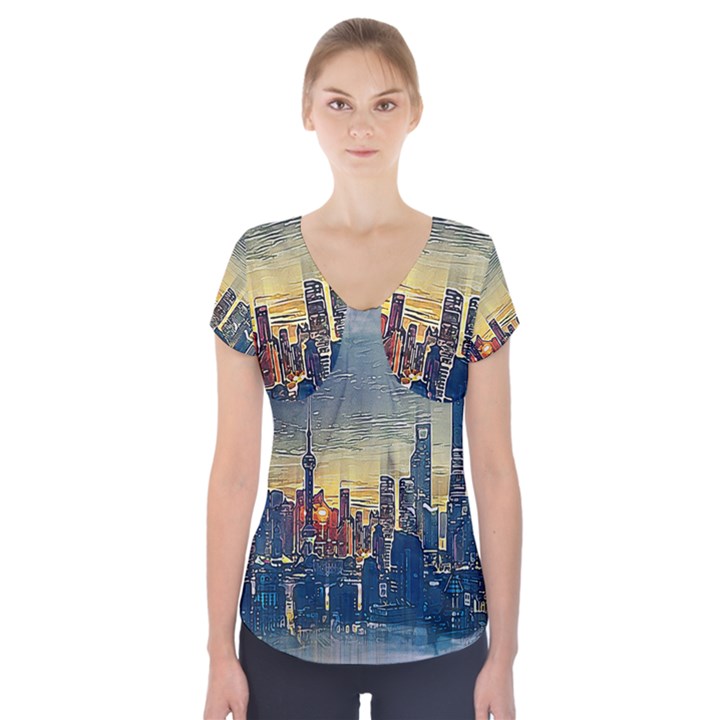 City Metro Pole Buildings Short Sleeve Front Detail Top