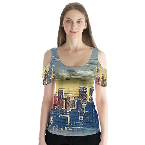 City Metro Pole Buildings Butterfly Sleeve Cutout Tee  by Pakrebo