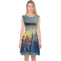 City Metro Pole Buildings Capsleeve Midi Dress by Pakrebo