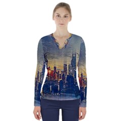 City Metro Pole Buildings V-neck Long Sleeve Top by Pakrebo