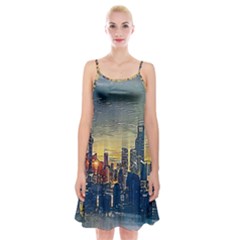 City Metro Pole Buildings Spaghetti Strap Velvet Dress by Pakrebo