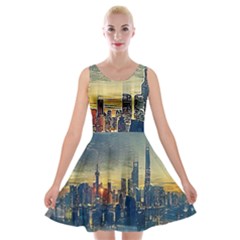 City Metro Pole Buildings Velvet Skater Dress by Pakrebo