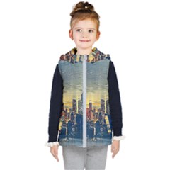 City Metro Pole Buildings Kids  Hooded Puffer Vest by Pakrebo