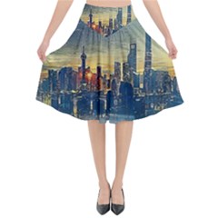 City Metro Pole Buildings Flared Midi Skirt by Pakrebo