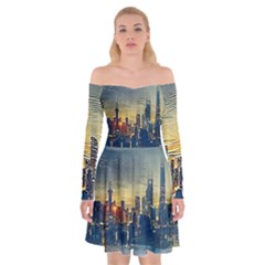 City Metro Pole Buildings Off Shoulder Skater Dress by Pakrebo