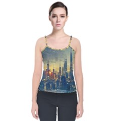 City Metro Pole Buildings Velvet Spaghetti Strap Top by Pakrebo