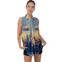 City Metro Pole Buildings Sleeveless Chiffon Button Shirt