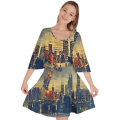 City Metro Pole Buildings Velour Kimono Dress by Pakrebo