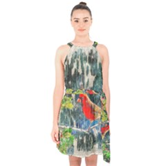 Texture Art Decoration Abstract Bird Nature Halter Collar Waist Tie Chiffon Dress