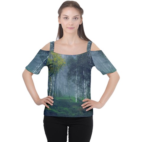 Birch Forest Nature Landscape Cutout Shoulder Tee by Pakrebo