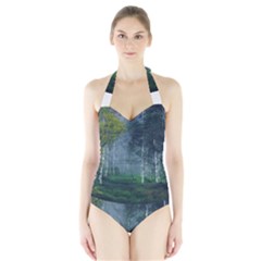 Birch Forest Nature Landscape Halter Swimsuit by Pakrebo