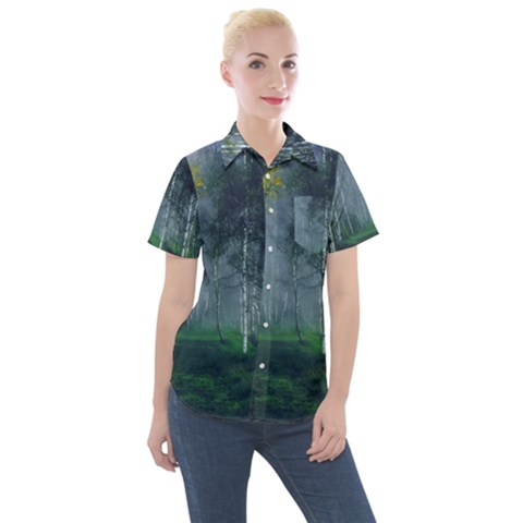 Birch Forest Nature Landscape Women s Short Sleeve Pocket Shirt by Pakrebo