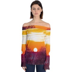 Sun Evening Sunset Sky Landscape Off Shoulder Long Sleeve Top by Pakrebo