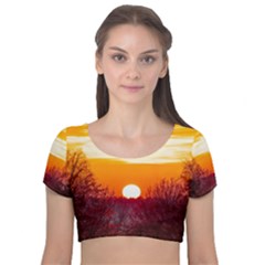 Sun Evening Sunset Sky Landscape Velvet Short Sleeve Crop Top  by Pakrebo