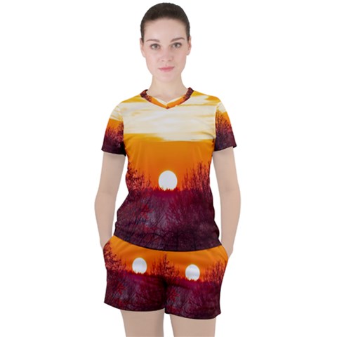 Sun Evening Sunset Sky Landscape Women s Tee And Shorts Set by Pakrebo