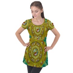 Mandala In Peace And Feathers Puff Sleeve Tunic Top by pepitasart