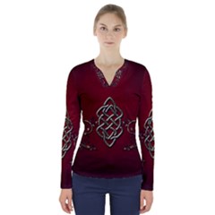 Wonderful Decorative Celtic Knot V-neck Long Sleeve Top by FantasyWorld7