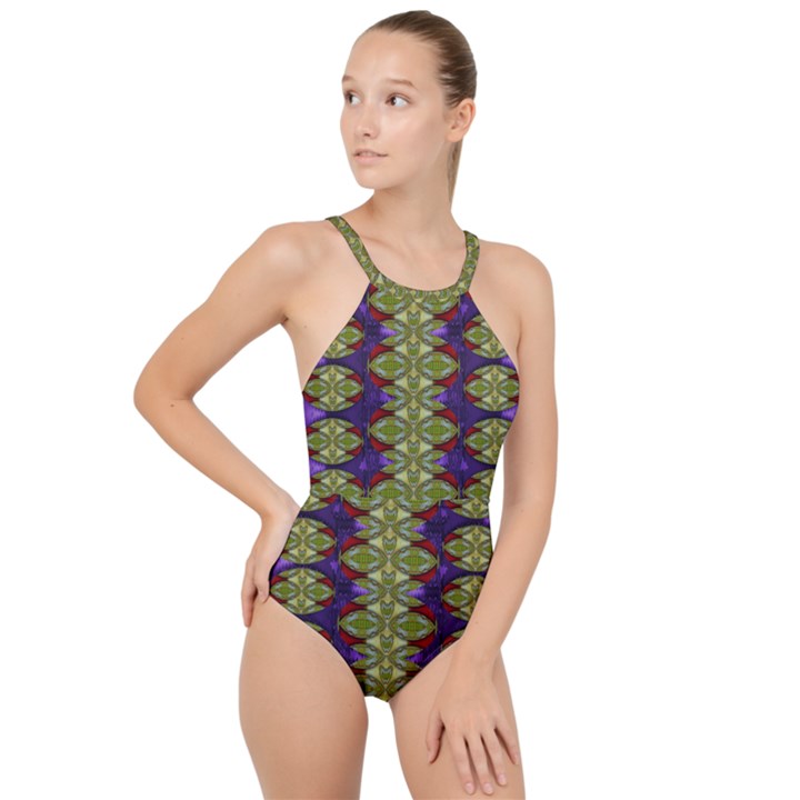 Divine Flowers Striving To Reach Universe High Neck One Piece Swimsuit