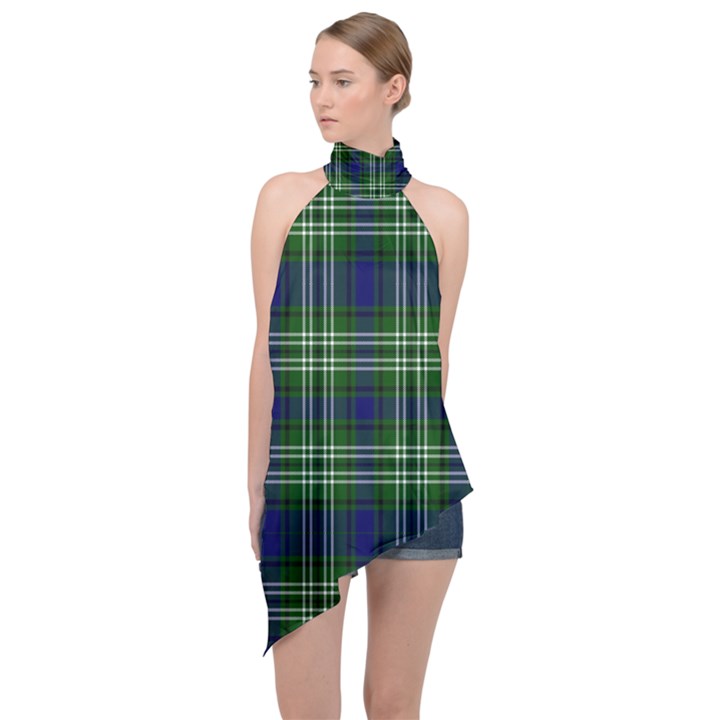 Tweedside District Tartan Halter Asymmetric Satin Top