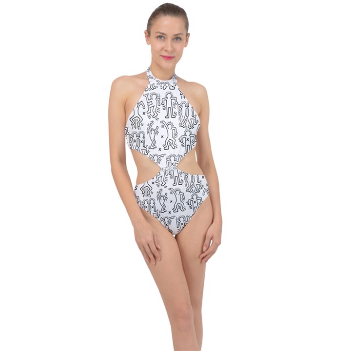 Doodle Pattern Halter Side Cut Swimsuit