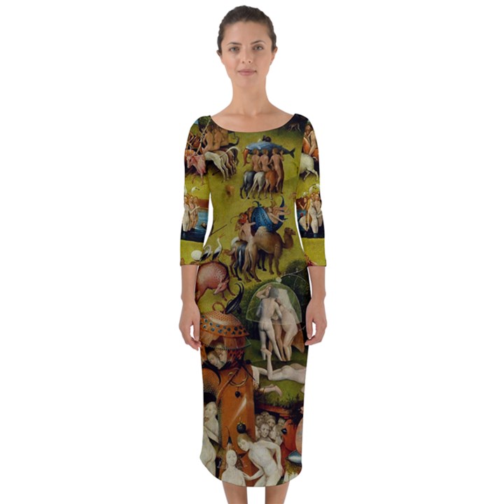 Hieronymus Bosch The Garden Of Earthly Delights (closeup) Hieronymus Bosch The Garden Of Earthly Delights (closeup) 3 Quarter Sleeve Midi Bodycon Dress