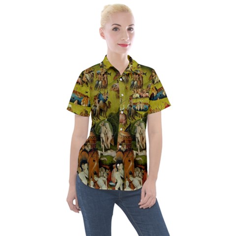 Hieronymus Bosch The Garden Of Earthly Delights (closeup) Hieronymus Bosch The Garden Of Earthly Delights (closeup) 3 Women s Short Sleeve Pocket Shirt by impacteesstreetwearthree