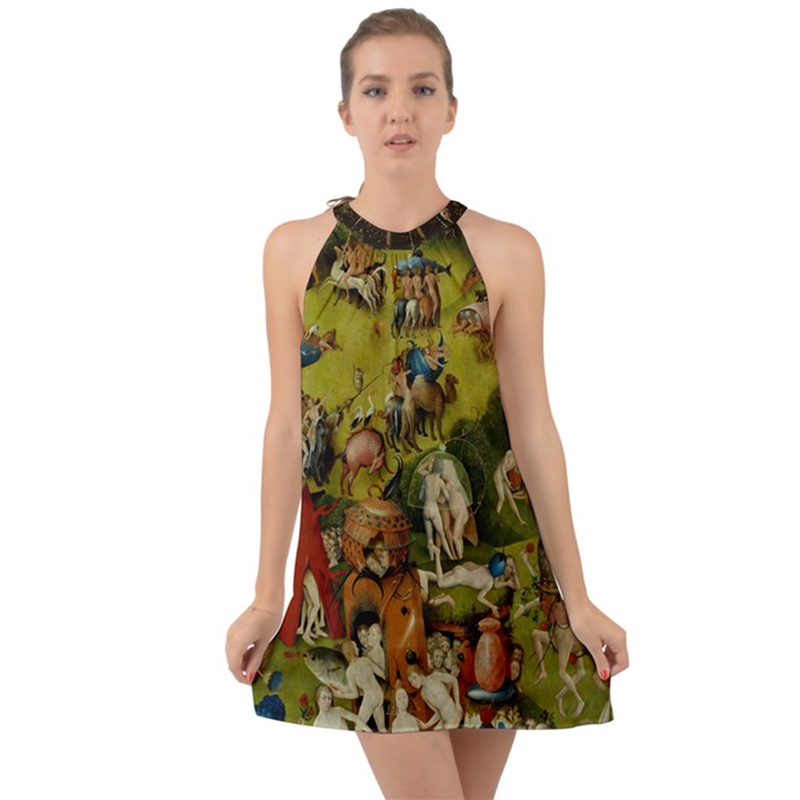 Heronimus Bosch Ship Of Fools Hieronymus Bosch The Garden Of Earthly Delights (closeup) 3 Halter Tie Back Chiffon Dress